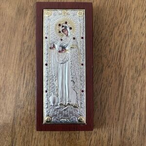 Silver 925 Religious Icon Wooden Base Church Virgin Mary Gerontissa Elderess
